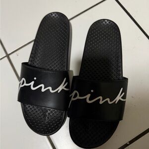 “PINK”Black Slide Sandals with White Lettering